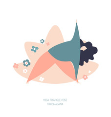 Vector illustration of a woman in the Triangle yoga pose. Cute flat female character. Oversized girl with doodle flowers and lotus behind. Yoga and meditation concept. - Vector 