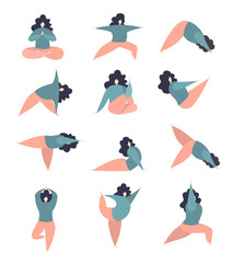 Big set of vector illustrations of women in various yoga poses. Modern flat character in sitting, standing, lying positions. Cute oversized girls in pastel blue and pink colors isolated on white. - Ve