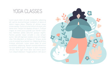 Vector illustration of a plus size yogi woman meditating in the Tree pose. Cute flat female character with doodle flowers, leaves and plants on horizontal card or banner design with place for text. - 
