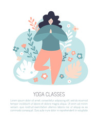 Modern flat vector card design of a meditating woman in the tree position. Cute flat female character. Oversized girl with doodle flowers, twigs on the blue background. Yoga and meditation classes. - 