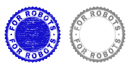 Grunge FOR ROBOTS stamp seals isolated on a white background. Rosette seals with distress texture in blue and gray colors. Vector rubber stamp imprint of FOR ROBOTS title inside round rosette.