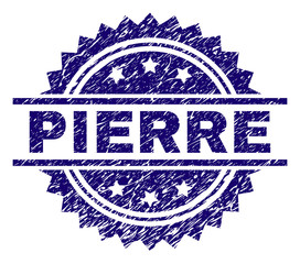 PIERRE stamp seal watermark with distress style. Blue vector rubber print of PIERRE label with scratched texture.