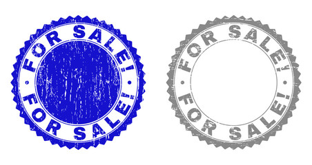 Grunge FOR SALE! stamp seals isolated on a white background. Rosette seals with grunge texture in blue and grey colors. Vector rubber stamp imitation of FOR SALE! label inside round rosette.