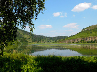landscape with lake and blue sky