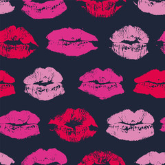 Vector seamless pattern with imprint kiss red lips