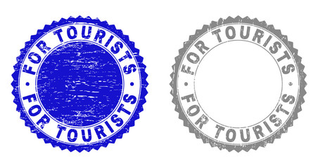 Grunge FOR TOURISTS stamp seals isolated on a white background. Rosette seals with grunge texture in blue and grey colors. Vector rubber stamp imprint of FOR TOURISTS text inside round rosette.