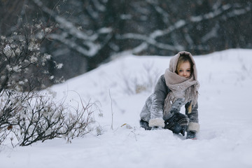 Fototapeta na wymiar cute little girl in the forest in winter. snowing. child is having fun