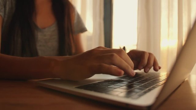 Young Freelancer Woman Working on Laptop. Female Hands Typing on Computer Keyboard. 4K.