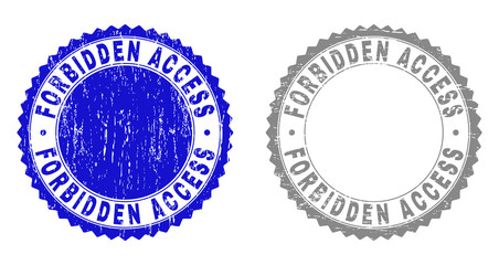 Grunge FORBIDDEN ACCESS stamp seals isolated on a white background. Rosette seals with grunge texture in blue and gray colors. Vector rubber stamp imprint of FORBIDDEN ACCESS tag inside round rosette.