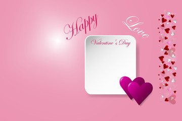 Empty white table with Valentines Day menu inscription is ready for your text. The vector is decorated by two trendy pink hearts in the right side and Love and Happy text. Many small hearts are in the