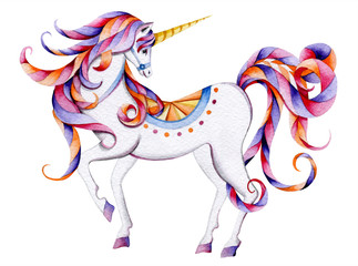 Fabulous unicorn with a multi-colored mane and tail. Saddle decorated with geometric patterns. Golden Horn. Curls and spirals. Watercolor drawing. Isolated object on white background.