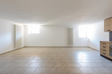 Modern wood kitchen in the apartment with white walls