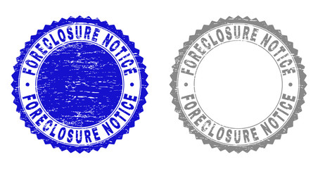 Grunge FORECLOSURE NOTICE stamp seals isolated on a white background. Rosette seals with distress texture in blue and gray colors.