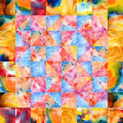 Patchwork of triangles with watercolor stains. Abstract background.
