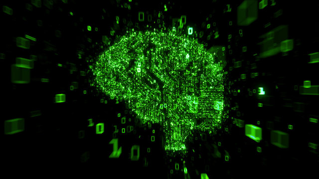 Green digital brain 3d illustration concept - computer circuit with binary code