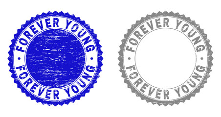 Grunge FOREVER YOUNG stamp seals isolated on a white background. Rosette seals with grunge texture in blue and gray colors. Vector rubber stamp imitation of FOREVER YOUNG caption inside round rosette.