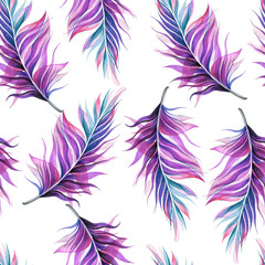Seamless watercolor pattern of bird feathers on a white background. Natural motives. Flight.