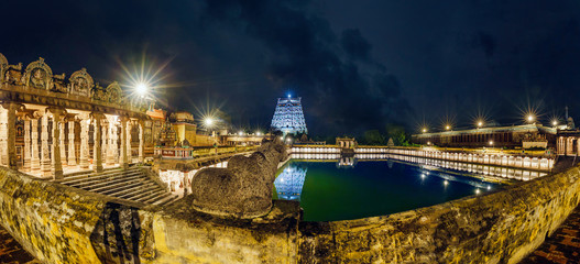 An ancient temple of India and lake night. Situated in Chidambaram, Tamilnadu. It's very famous...