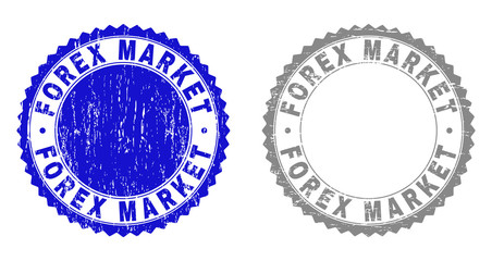 Grunge FOREX MARKET stamp seals isolated on a white background. Rosette seals with grunge texture in blue and gray colors. Vector rubber stamp imprint of FOREX MARKET title inside round rosette.