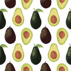 Fototapeta na wymiar Vector summer pattern with avocado, flowers and leaves. Seamless texture design.