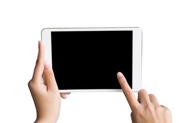 Mock up Copyspace Hands Digital Tablet Concept. Isolate on White Background.Clipping Path