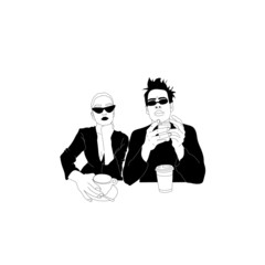  A couple of men and women, fashionable young girl in glasses, brutal guy in stylish clothes, people with coffee, a book or a newspaper