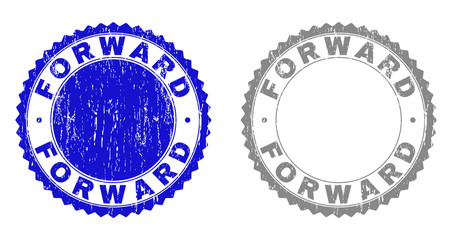 Grunge FORWARD stamp seals isolated on a white background. Rosette seals with grunge texture in blue and gray colors. Vector rubber stamp imprint of FORWARD text inside round rosette.
