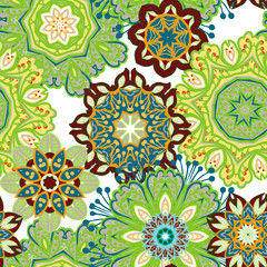 Seamless pattern texture. Indian, arabic, turkish style elements. Vintage vector card. Hand drawn doodle illustration. Floral pattern. Chaotic elements arranged in a seamless pattern.