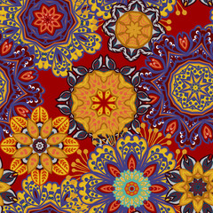 Seamless pattern texture. Indian, arabic, turkish style elements. Vintage vector card. Hand drawn doodle illustration. Floral pattern. Chaotic elements arranged in a seamless pattern.