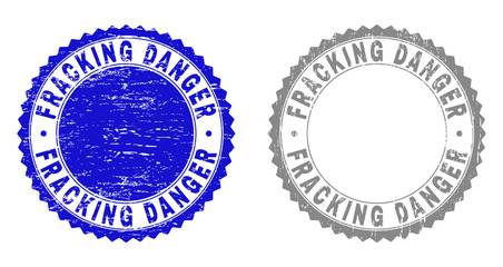 Grunge FRACKING DANGER stamp seals isolated on a white background. Rosette seals with grunge texture in blue and gray colors. Vector rubber stamp imprint of FRACKING DANGER text inside round rosette.