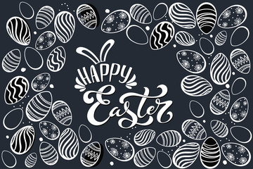 Naklejka premium Happy Easter handwritten lettering typography. Hand drawn design elements. Logos and emblems for invitation, card. Vector illustration.