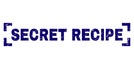 SECRET RECIPE caption seal stamp with distress texture. Text caption is placed between corners. Blue vector rubber print of SECRET RECIPE with dirty texture.
