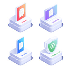 Mobile devices 3d ison set. Protection shield icons. Flat isometric vector illustration isolated on white background.