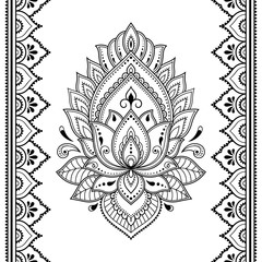 Set of Mehndi lotus flower pattern and seamless border for Henna drawing and tattoo. Decoration in oriental, Indian style.