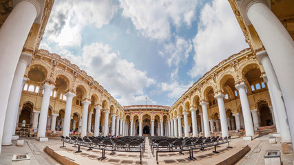 Wide view of an ancient Thirumalai Nayak Palace, sculptures and pillars, Madurai, Tamil nadu, India.