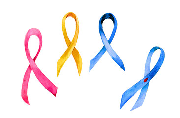 A set of symbolic tapes: against breast cancer, endometriosis, diabetes, chronic fatigue syndrome. Blue, pink and yellow ribbons. Watercolor illustraton