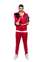 Full-length shot of Handsome sportman smiling and looking to the front with confident face on isolated white background