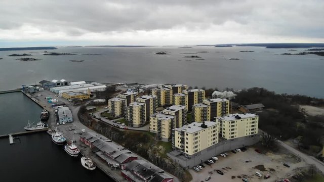 Aerial video of apartments on Salto in Karlskrona, Sweden