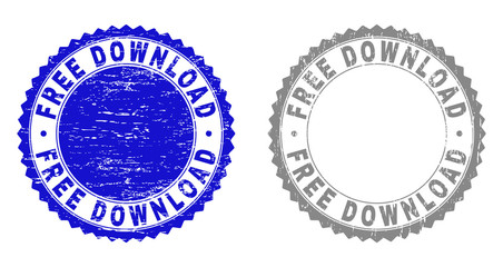 Obraz premium Grunge FREE DOWNLOAD stamp seals isolated on a white background. Rosette seals with grunge texture in blue and grey colors. Vector rubber stamp imprint of FREE DOWNLOAD text inside round rosette.