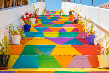 Colorful stairs with flower pots In the street in Tunis, Tunisia