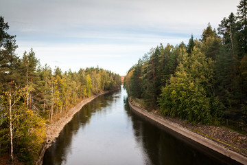 Fototapeta premium Autumn landscape of Kymijoki river waters in Finland, Kymenlaakso, Kouvola.