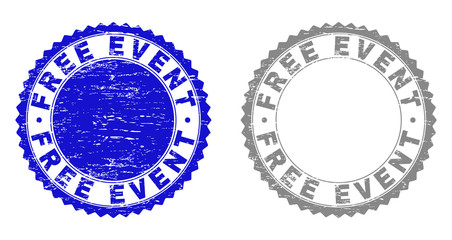 Grunge FREE EVENT stamp seals isolated on a white background. Rosette seals with distress texture in blue and grey colors. Vector rubber stamp imitation of FREE EVENT label inside round rosette.