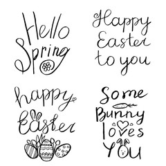 Watercolor drawn set with elements of happy easter. Hand drawn lettering, rabbit, eggs. Ideal for greeting card or logo