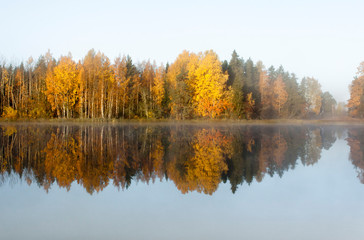 Beautiful autumn morning landscape of Kymijoki river waters in fog. Finland, Kymenlaakso, Kouvola.