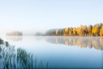 Fotobehang Beautiful autumn morning landscape of Kymijoki river waters in fog. Finland, Kymenlaakso, Kouvola. © Elena Noeva