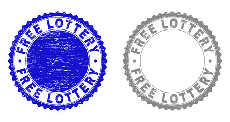 Grunge FREE LOTTERY stamp seals isolated on a white background. Rosette seals with distress texture in blue and gray colors. Vector rubber stamp imitation of FREE LOTTERY title inside round rosette.