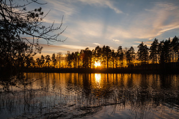 Beautiful autumn landscape of Kymijoki river waters at sunset. Finland, Kymenlaakso, Kouvola.