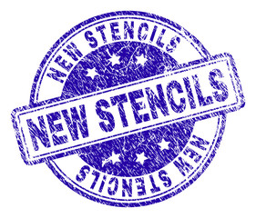 NEW STENCILS stamp seal watermark with grunge texture. Designed with rounded rectangles and circles. Blue vector rubber print of NEW STENCILS text with grunge texture.