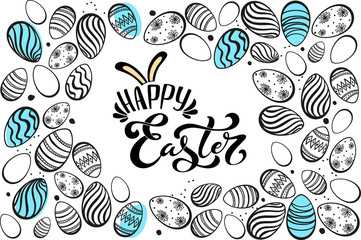 Happy Easter handwritten lettering typography. Hand drawn design elements. Logos and emblems for invitation, card. Vector illustration.