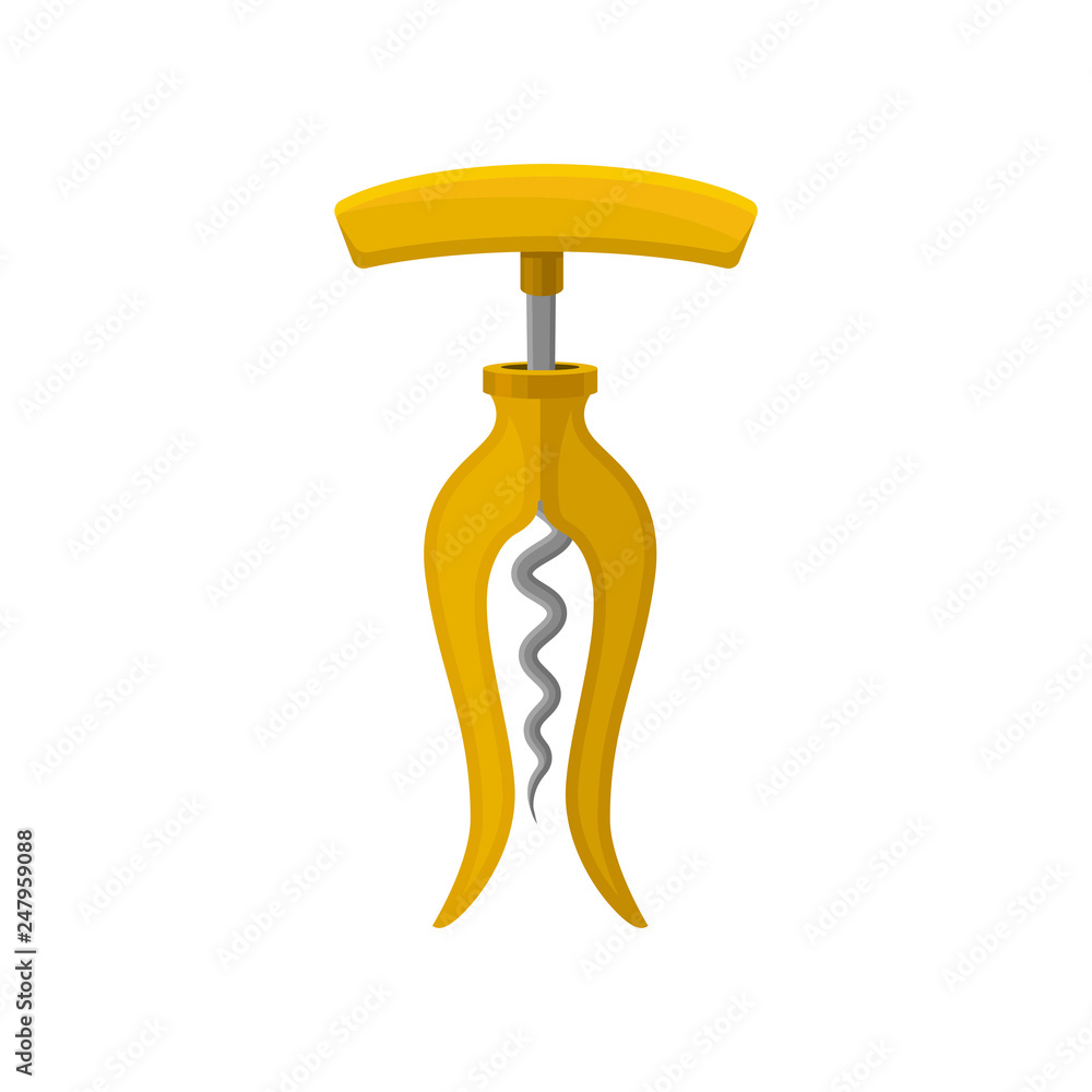 Poster flat vector icon of corkscrew with bright yellow handle and spiral metal rod. device for pulling cor